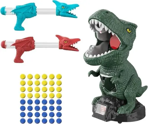 Moving dinosaur target toy with two pterodactyl-shaped foam ball guns