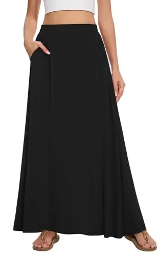 Leafsay women's black flowy maxi skirt with pockets, featuring a high waist and A-line design.