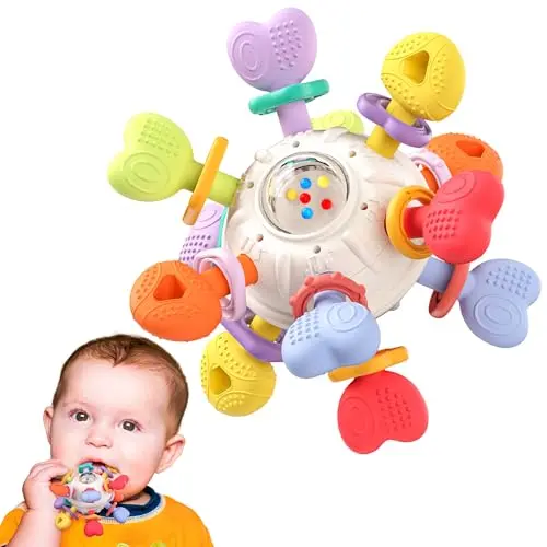 Beige and pastel-colored baby rattle and teething toy with multiple silicone teething points.
