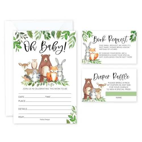 Hadley Designs Woodland Animals baby shower invitation set with brown theme