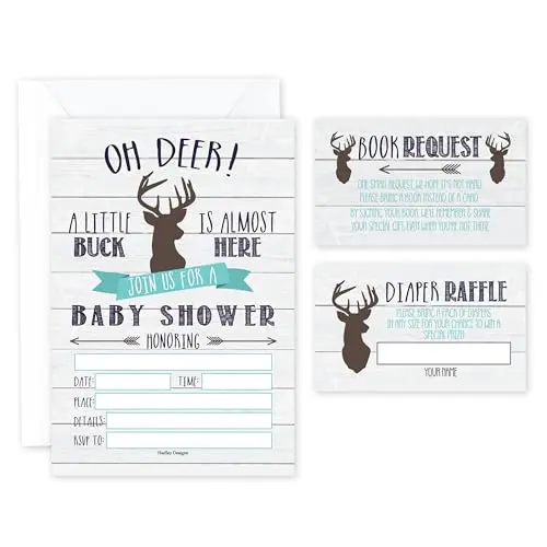 Hadley Designs Deer Boy baby shower invitation set with blue theme