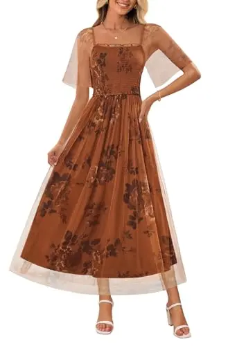 MEROKEETY women's short sleeve floral tulle maxi dress with smocked waist