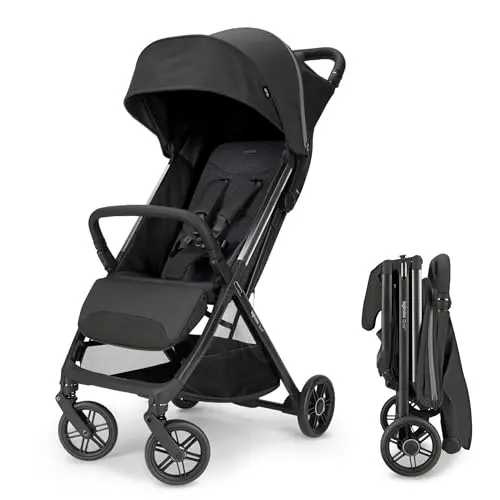 Inglesina Quid3 travel stroller in Cosmic Black, showing compact fold and large canopy
