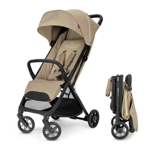 Inglesina Quid3 stroller in lunar beige, shown folded compactly with its integrated shoulder strap.