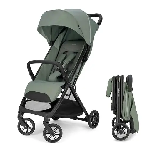 Inglesina Quid3 Stroller in Planet Green, shown with its magnetic harness and compact fold