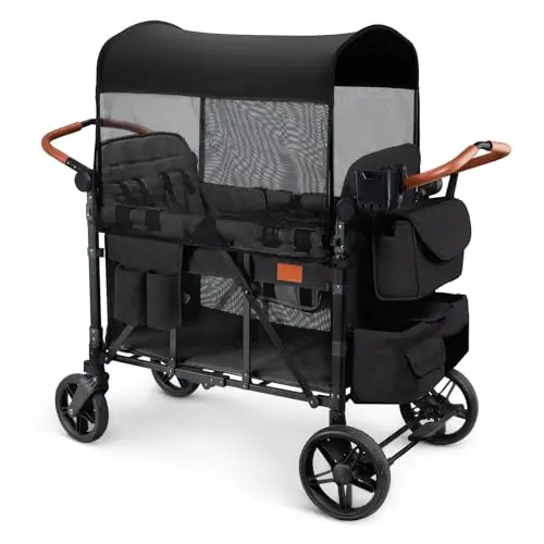 ZTDM all-terrain wagon stroller for four kids in black with canopy