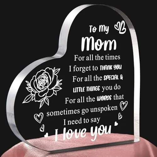 Feeldeal white heart-shaped acrylic block with 'I Love You Mom' message