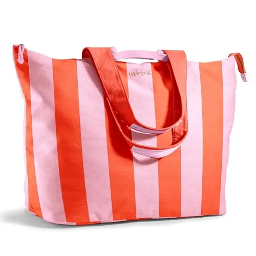Fit & Fresh Extra Large Pink Stripe Beach Tote Bag with multiple pockets