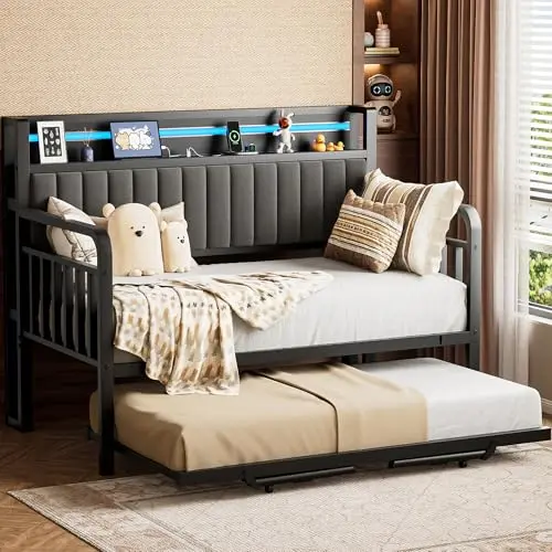 Jocoevel industrial vintage style black metal twin daybed with pop-up trundle bed