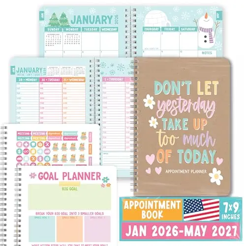 Hadley Designs Hourly Appointment Planner open on a desk, showing weekly layout and stickers