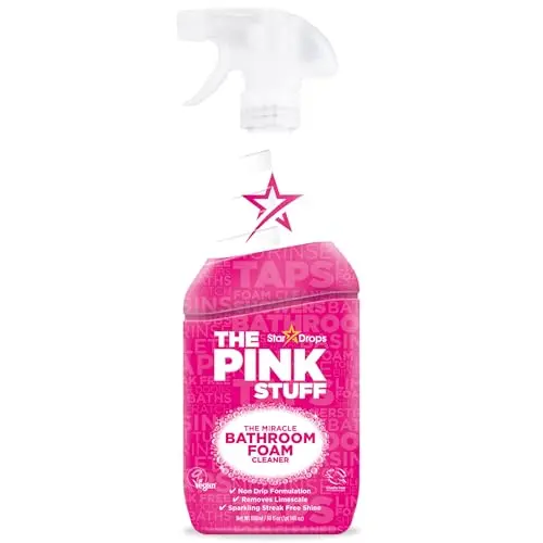 The Pink Stuff foaming cleaner on pink bathroom tiles