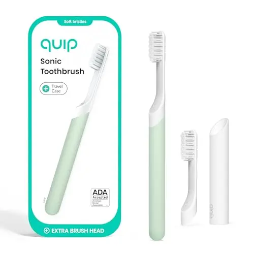 Quip Sonic electric toothbrush for adults in sage green with a metal travel case.