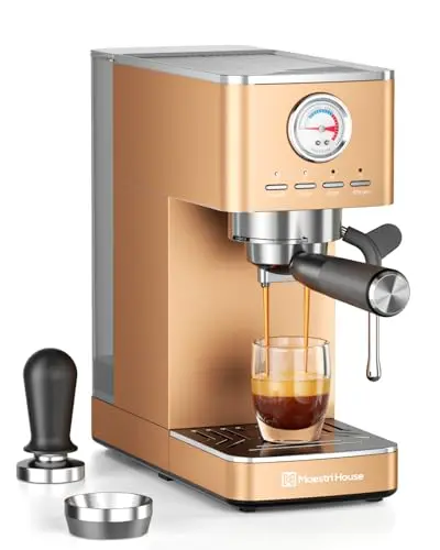 Maestri House 20 Bar ULKA Pump countertop espresso machine in rose gold, stainless steel design with built-in frother.