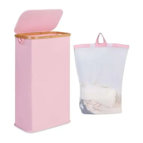 ONAIL pink laundry hamper with bamboo handles and removable bag.