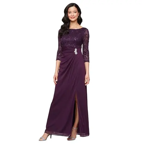 S.L. Fashions long mother of the bride dress with stretch lace bodice and sparkling hip embellishment in eggplant