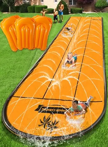 Orange triple lane slip and slide with built-in sprinklers