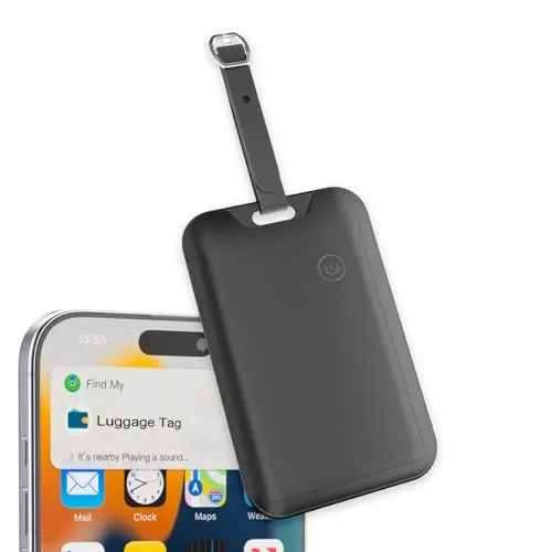 Travel Depot discreet luggage tag with a built-in tracker, shown on a suitcase handle.