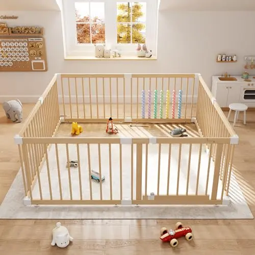 IKALIFE large wooden baby playpen with adjustable panels and gate