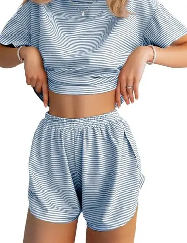 JUSTFASHIONNOW women's short sleeve striped pajama set in light blue