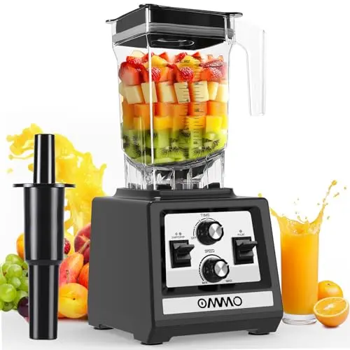 OMMO Blender for Smoothies in black with 68oz pitcher and timer display