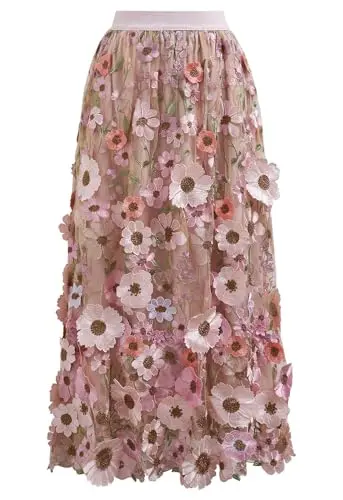 Chicwish women's dusty pink mesh maxi skirt with 3D floral applique and elastic waist