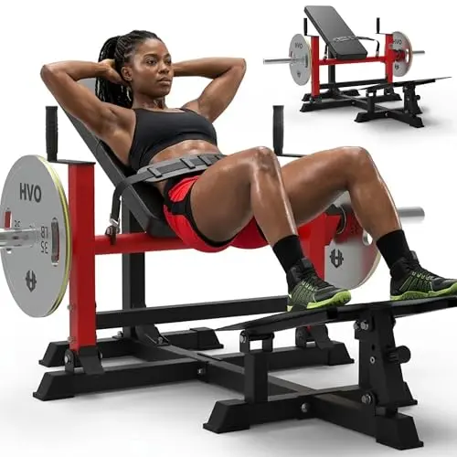 HVO Hip Thrust Machine in red, showing adjustable footboard and plate-loaded design