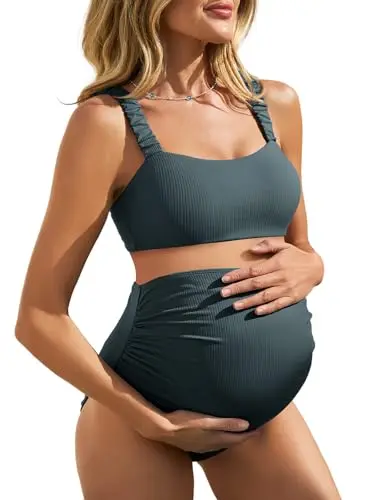 Summer Mae green ribbed two-piece maternity bikini with tie-top and high waisted bottom