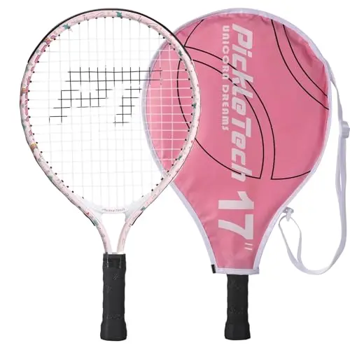 Small 17-inch pink unicorn tennis racket for toddlers with a carry bag