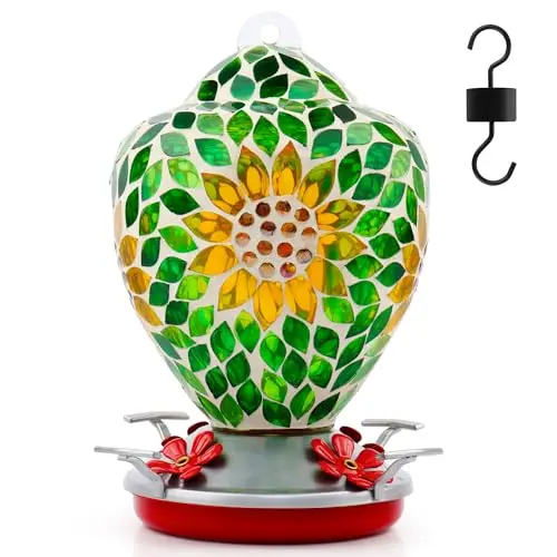 VOREEN Sunflower design mosaic glass hummingbird feeder with ant moat