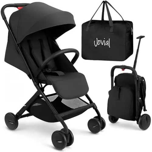 Jovial Lightweight Travel Stroller folded compactly next to its included storage bag