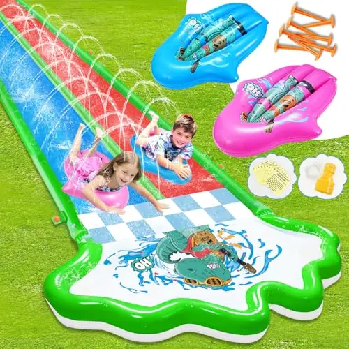 TLXLT Dinosaur Slip and Slide with colorful dinosaur pattern and water sprinklers