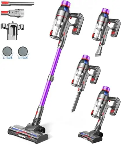 Cuzmok Cordless Stick Vacuum Cleaner in purple with attachments