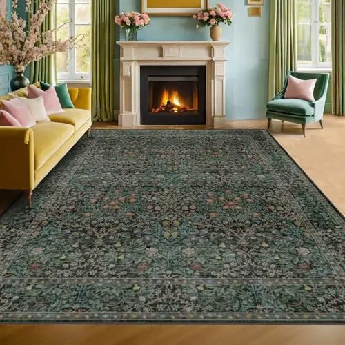 Hazo Haus dark green vintage botanical 10x12 washable rug