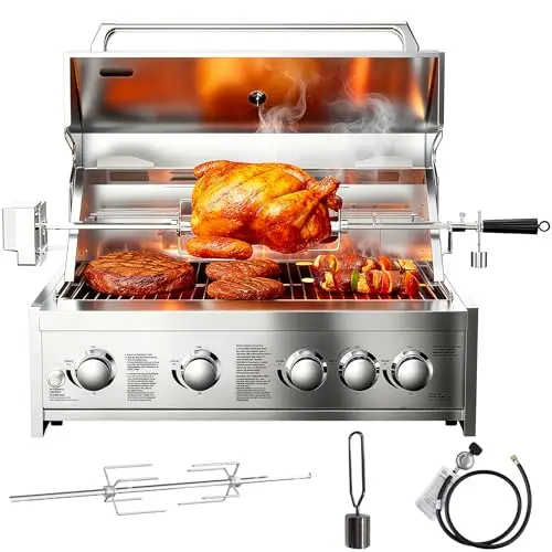 BODEGA 5-burner stainless steel propane gas built-in grill with included rotisserie chicken fork kit