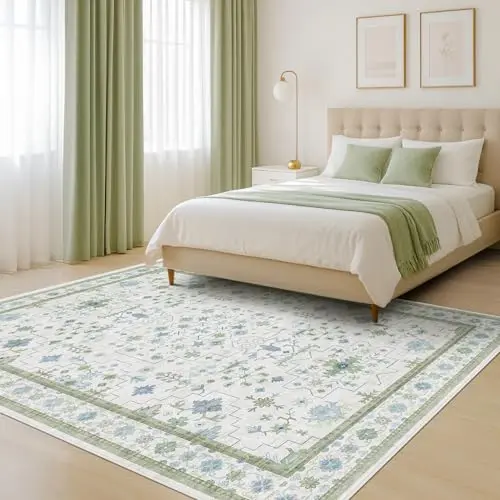 HAZO HAUS blue and green boho floral geometric pattern area rug