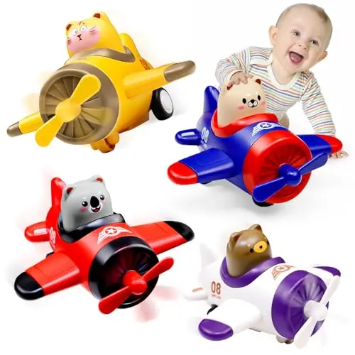 Set of four colorful press and go airplane toys with animal pilots