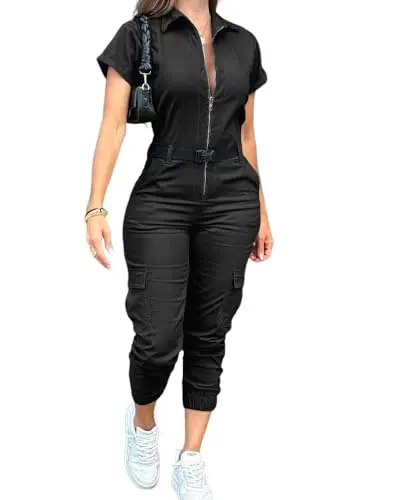 CHICME Women's Short Sleeve Jumpsuit in black with turn-down collar and cargo pockets