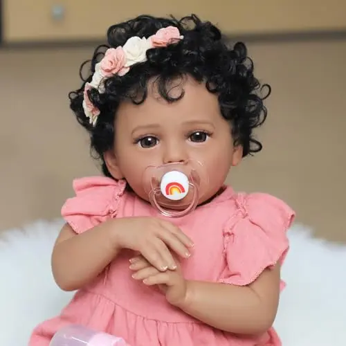 SCOM 18-inch realistic African American reborn baby doll girl with soft weighted body and pink outfit