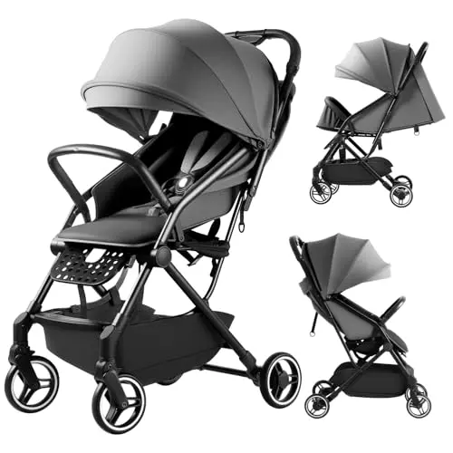 Walkmax Lightweight Stroller folded to a slim profile standing upright.