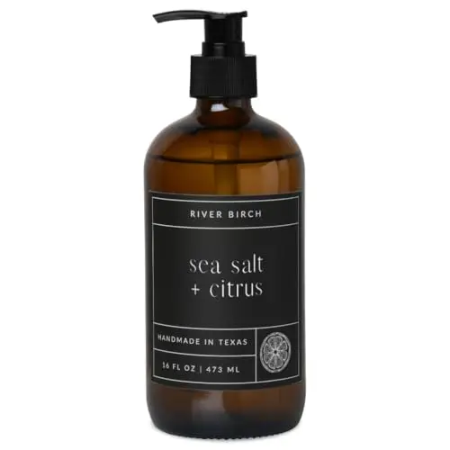 River Birch Sea Salt + Citrus hand soap in amber glass dispenser