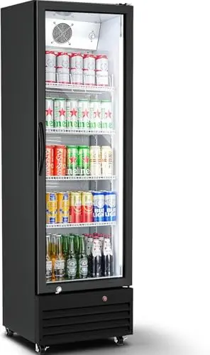BODEGA upright commercial beverage refrigerator with a single black glass door and digital display.