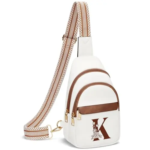 PU leather sling bag for women with a customizable initial letter 'K' on the front