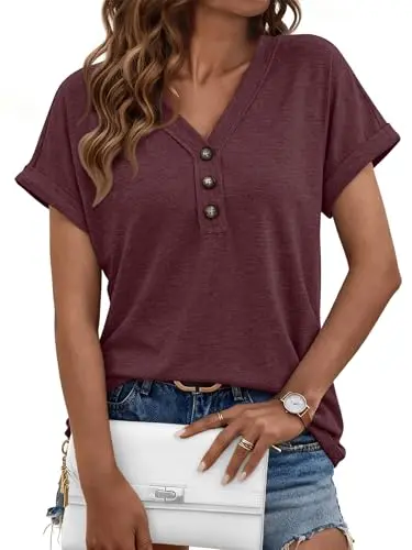 AUTOMET Henley Tops in wine red, showing the wide-V neckline and henley-inspired detail