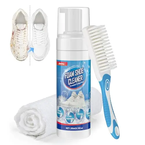 Jevvu sneaker cleaner foam bottle, cleaning brush, and white microfiber towel.