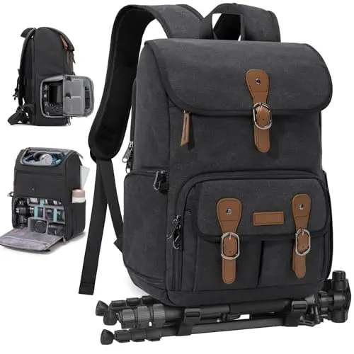 RAINSMORE vintage-style black canvas camera backpack