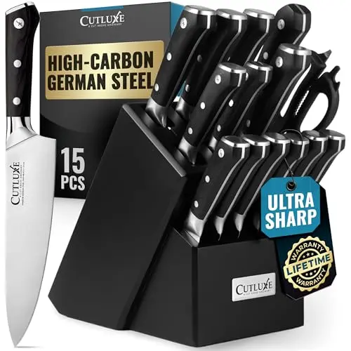 Cutluxe Artisan Series 15-piece knife block set in black wood