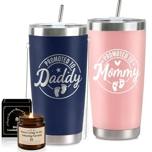 CUPLOOV pink and navy blue insulated stainless steel tumblers with 'Promoted to Mommy/Daddy' text