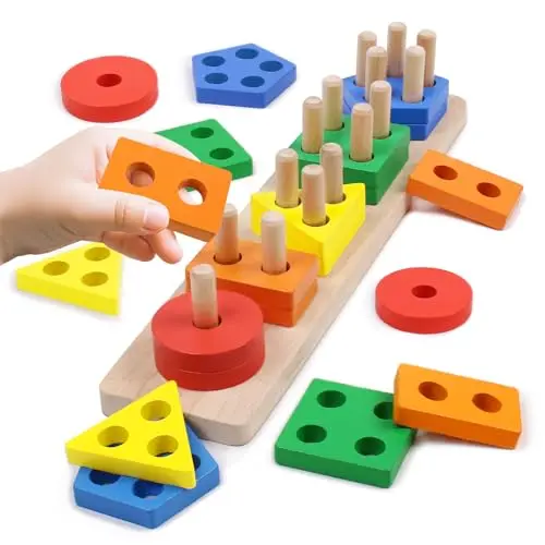 YHHYTOY wooden shape sorter and stacking toy with colored geometric blocks