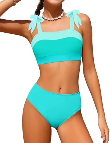 KANGKANG Girls Bikini Swimsuit in coral blue color block design