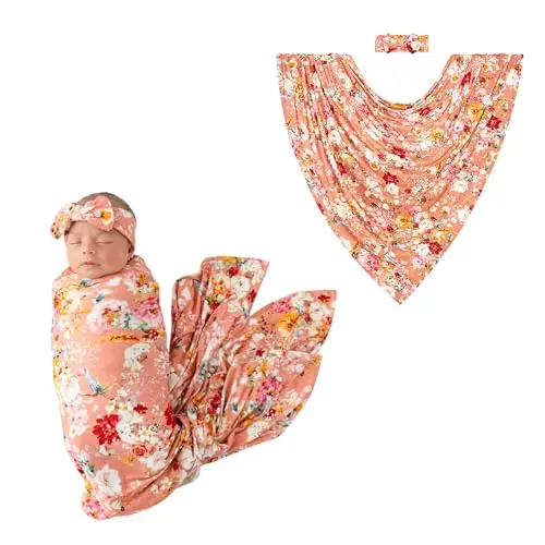 Posh Peanut Cecilia swaddle set with floral pattern and matching headband
